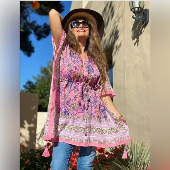 Pax Philomena Rosa Tropicale Short Cotton Kaftan - Picture 1 of 9